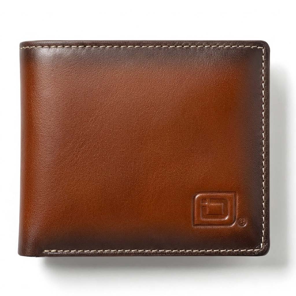 Brown leather bifold wallet with ID window and stitched edges