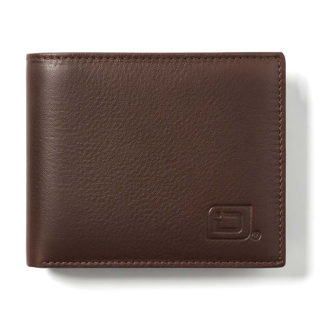 Brown bifold wallet front with embossed logo detail and smooth textured leather