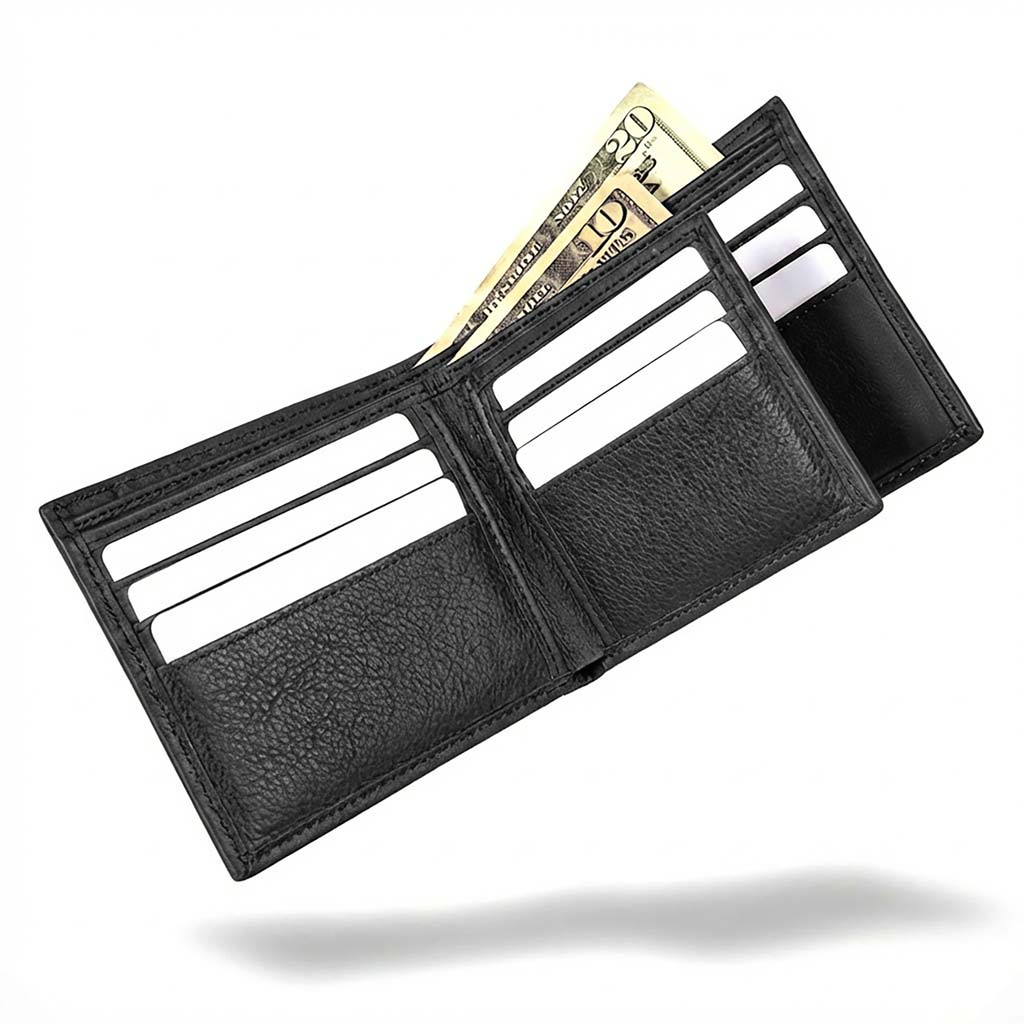 Black bifold wallet open interior with card slots and ID window panel shown