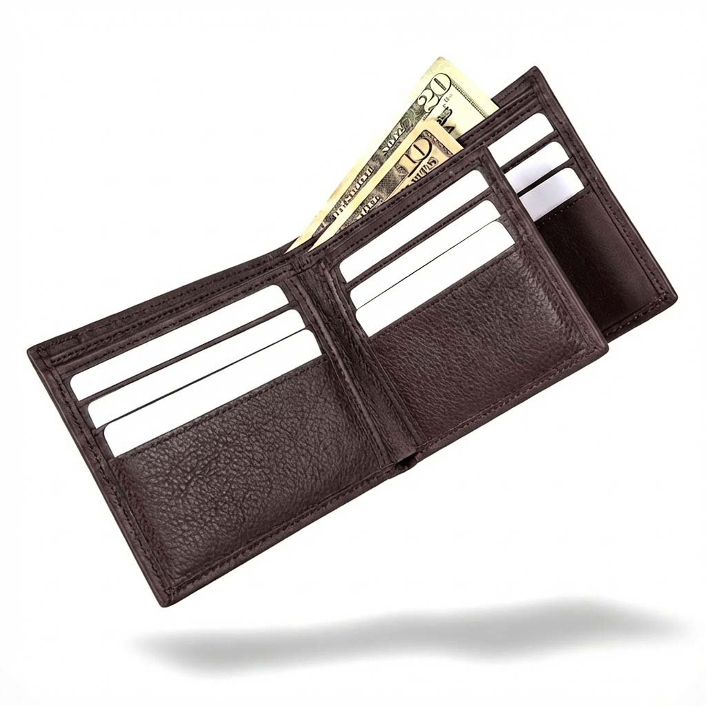 Men's RFID bifold wallet, open view showing multiple card slots and inner pocket