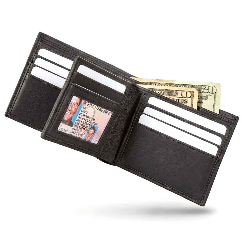 Black bifold wallet with ID window and multiple card slots, bills and card sleeves visible
