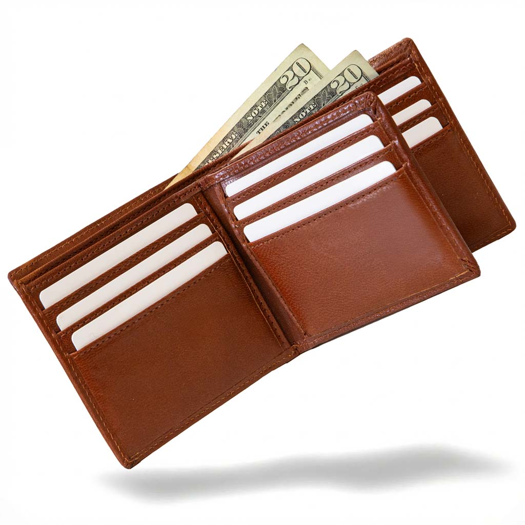 Brown leather bifold wallet open with card slots and cash compartment