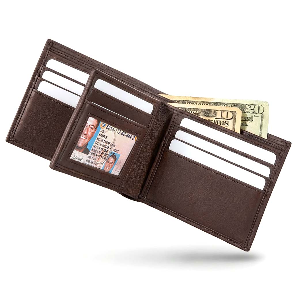 Men's RFID bifold wallet with ID window, open view with card slots and bills