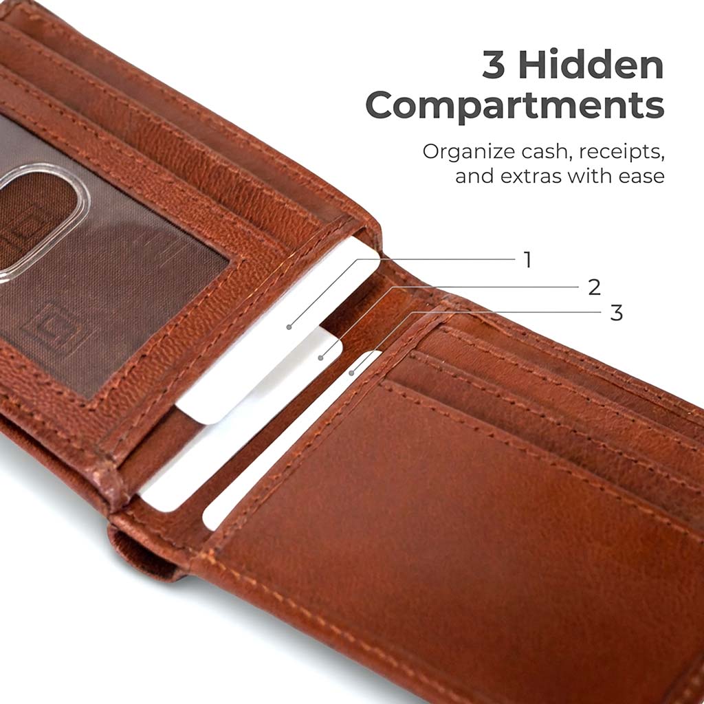 Brown bifold wallet interior with multiple card slots and cash holder
