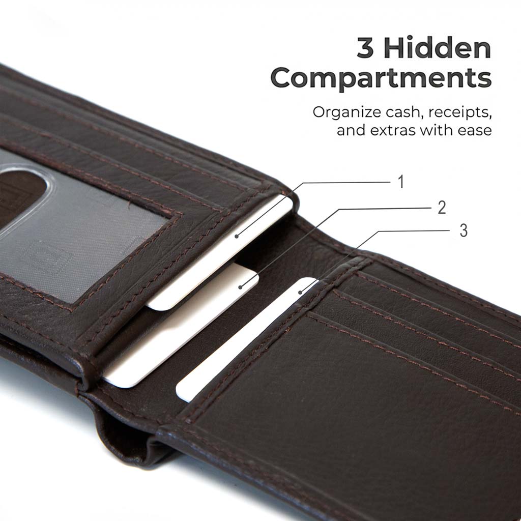 Brown bifold wallet interior showing 3 hidden card compartments and stitched panels