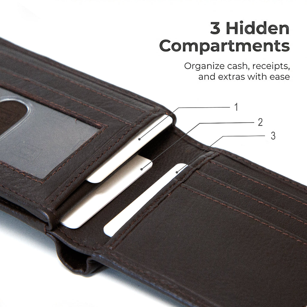 Men's RFID bifold wallet, open view of card slots and inner side compartments