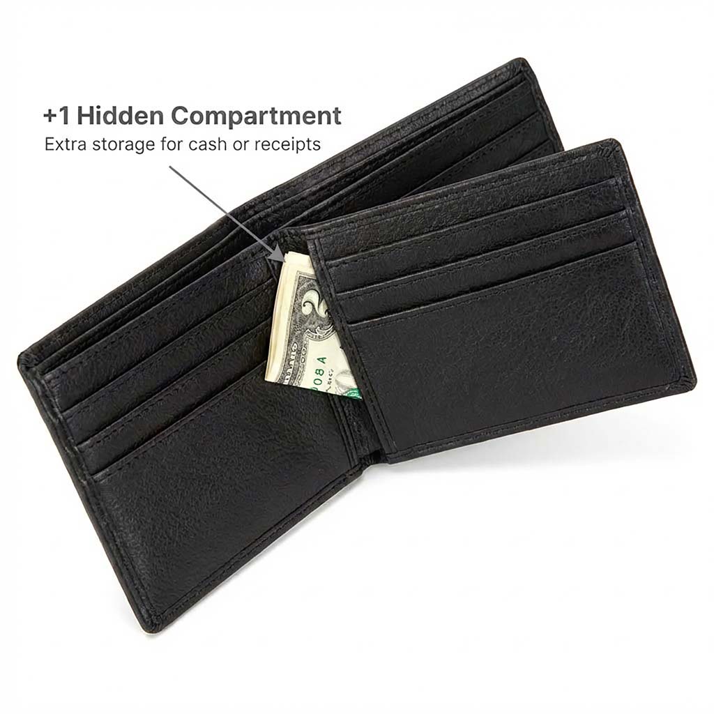Black bifold wallet with extra hidden compartment, open with cash and card slots