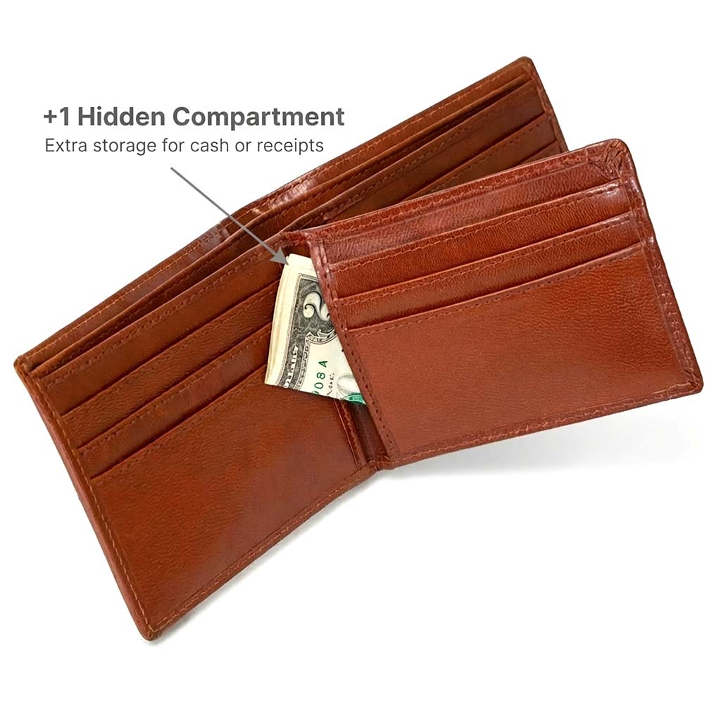 Brown bifold wallet open with multiple card slots and hidden compartment