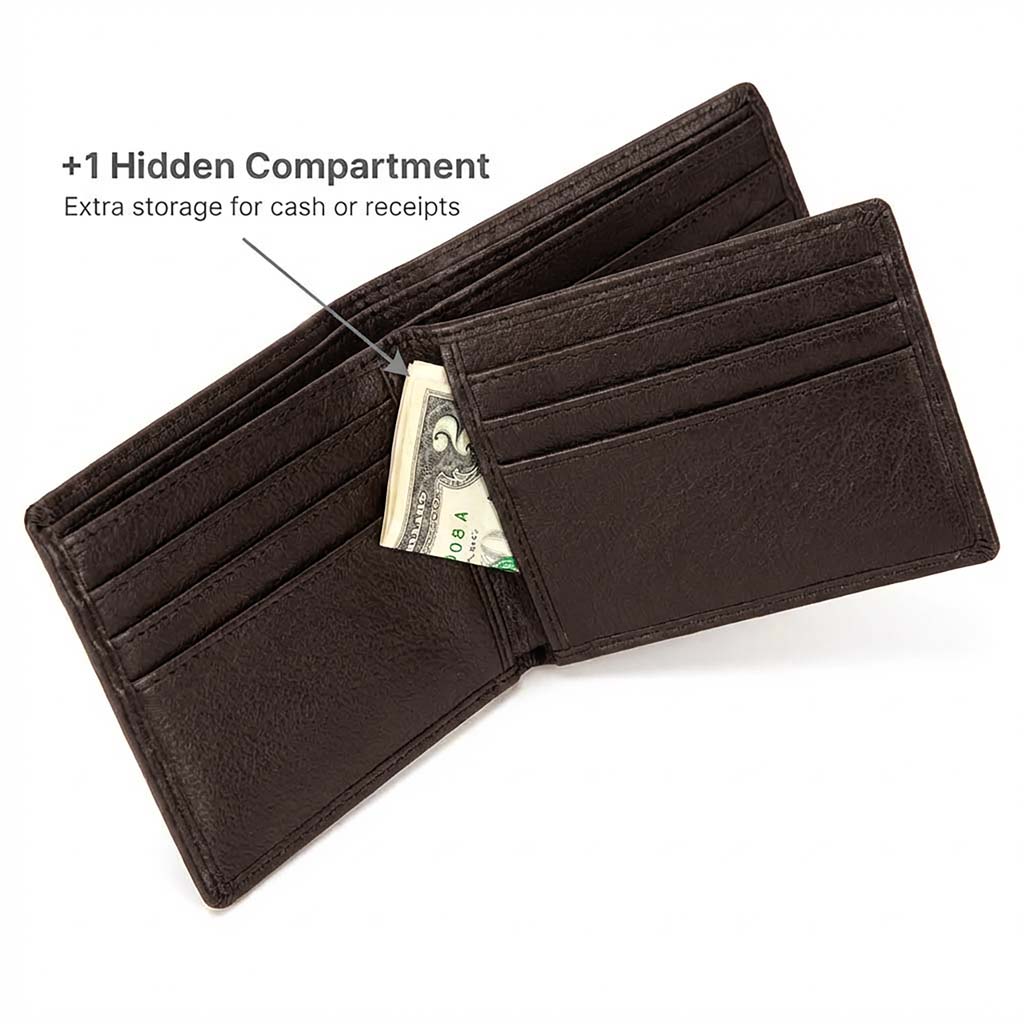 Men's RFID bifold wallet opened flat, showing card slots and hidden inner pocket