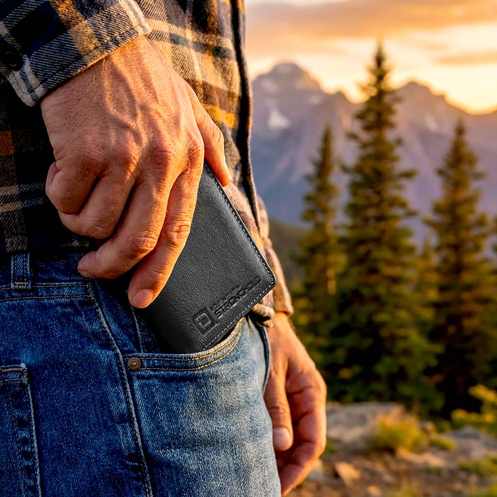 Minimalist RFID wallet, black leather held in hand with embossed logo