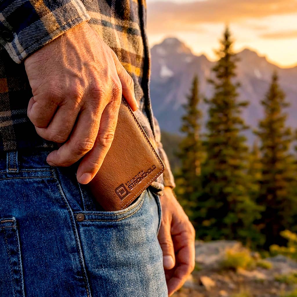Brown bi-fold wallet held in back pocket with embossed logo on leather-like cover