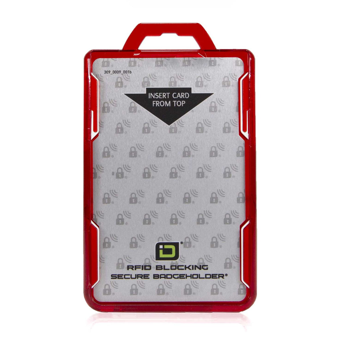 Red RFID-blocking portrait badge holder, front view with top card insert opening