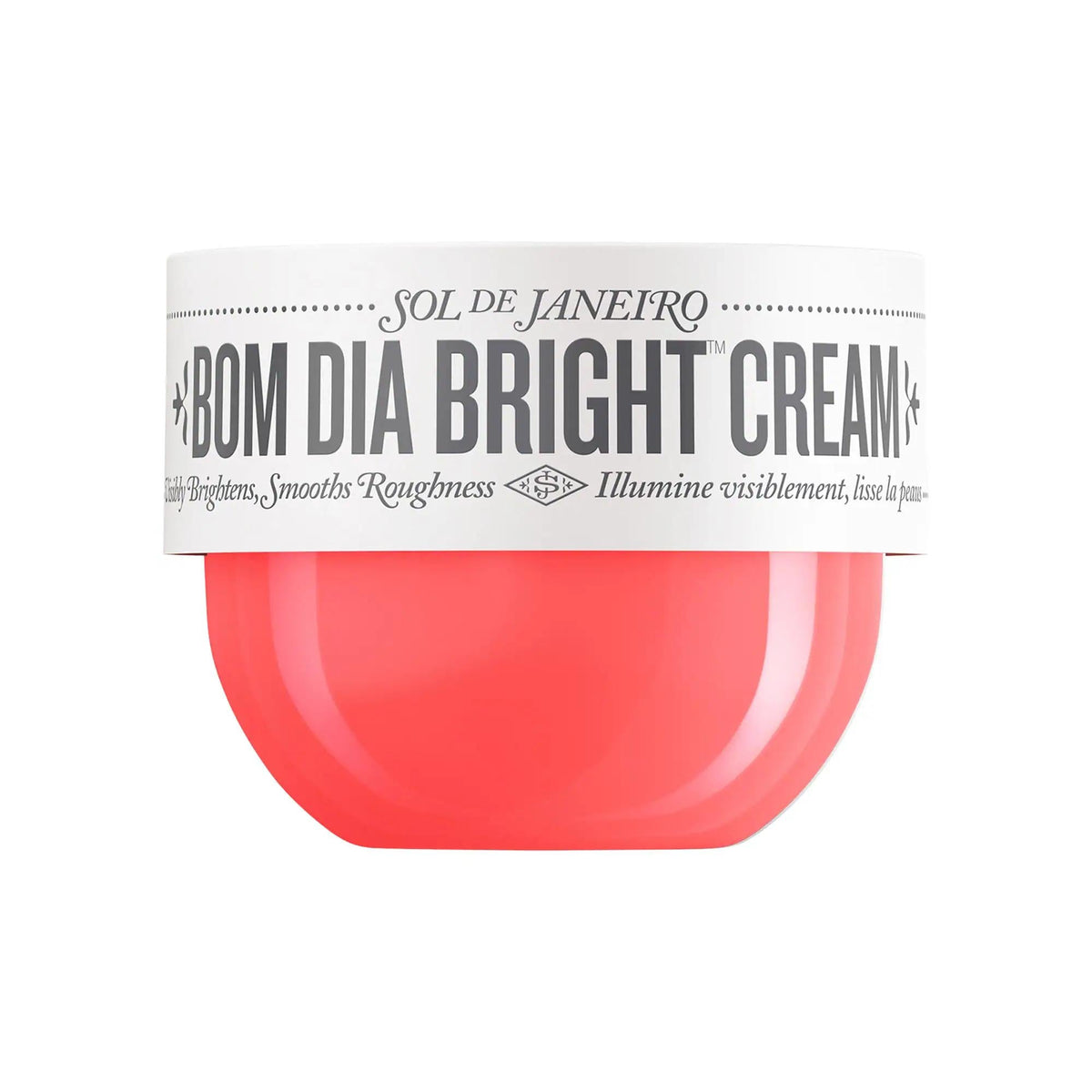 Sol de Janeiro Bom Dia Bright Cream body cream jar with pink tub and white lid