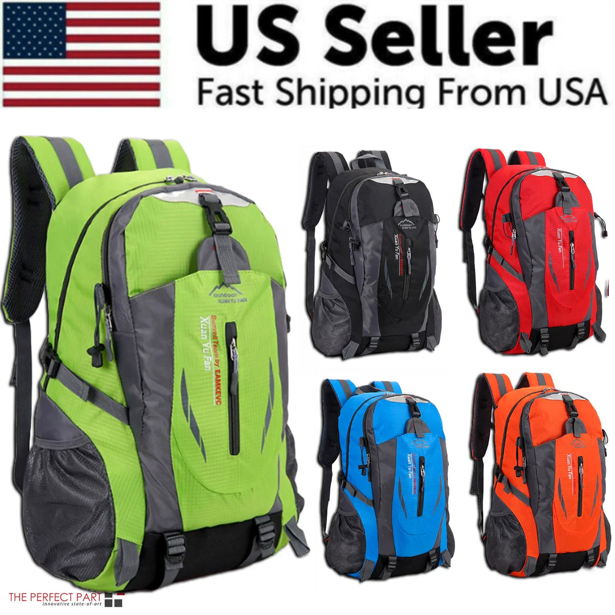 40L travel backpack with green and black panels, padded shoulder straps, front organizer pocket