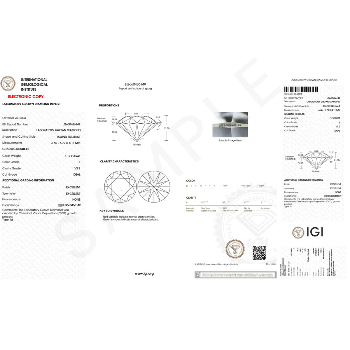 IGI certificate document with diamond grading report diagrams and identification details