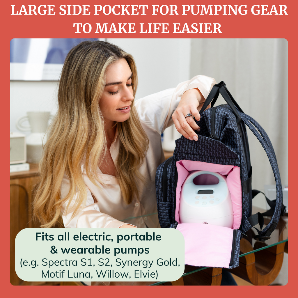 Breast pump bag backpack with zip-top opening and pink lined inner compartment