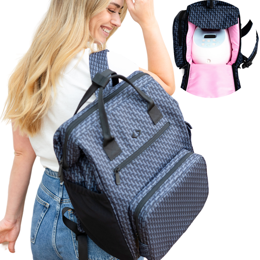 Navy patterned breast pump bag backpack with black straps and carry handle, open view