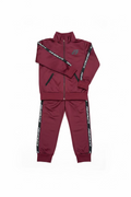 Boys burgundy zip-up sweater and jogger pants set with contrast stripe tape