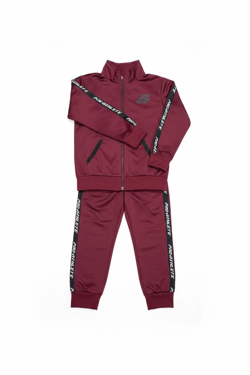 Boys burgundy zip-up sweater and jogger pants set with contrast stripe tape