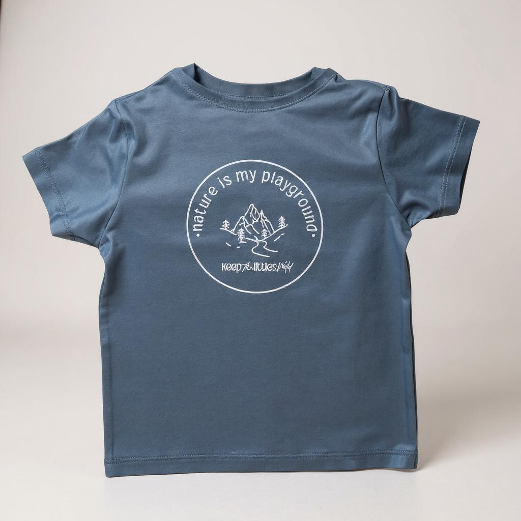 Kids blue bamboo T-shirt with round nature graphic on the front
