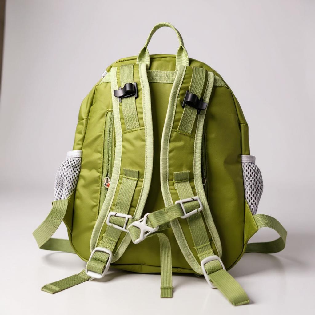 Olive green toddler hiking backpack with padded harness straps and mesh side panels