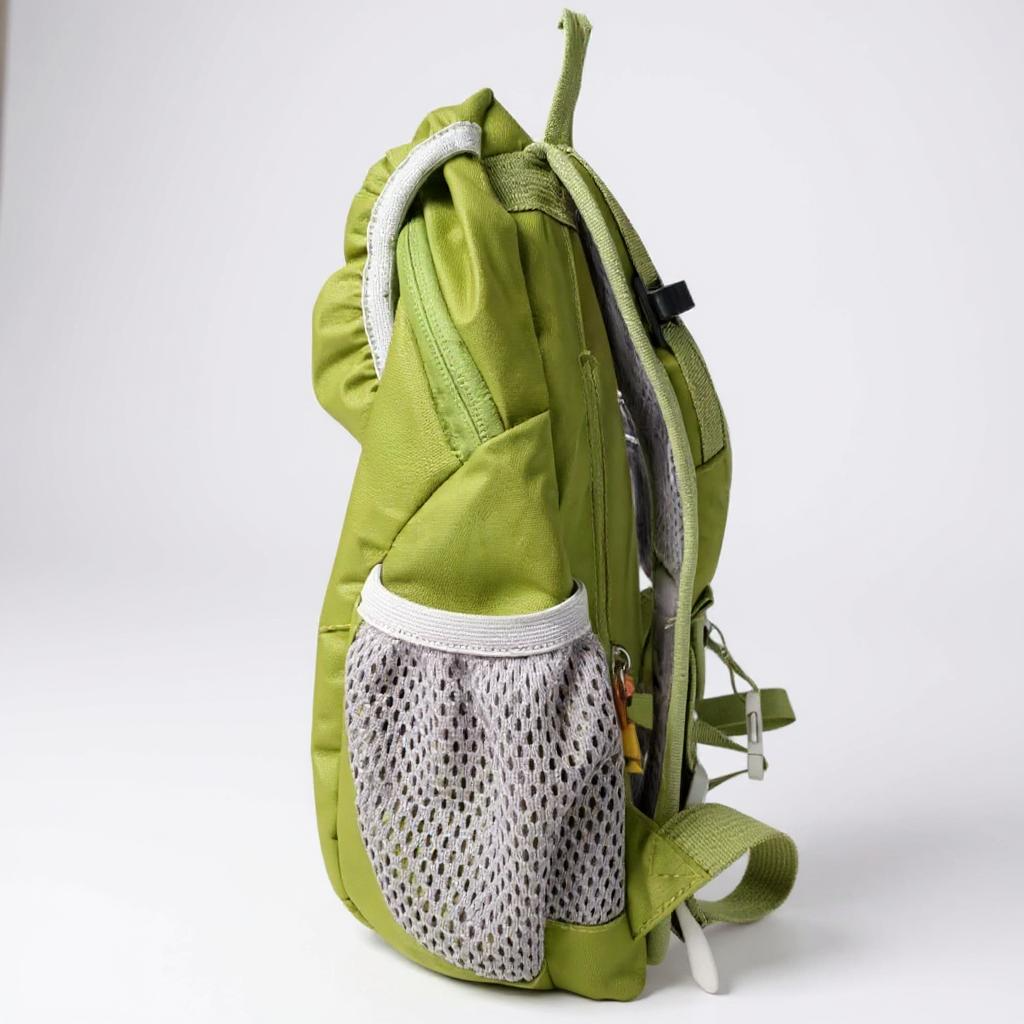 Olive green toddler hiking backpack side view with mesh pocket and shoulder straps