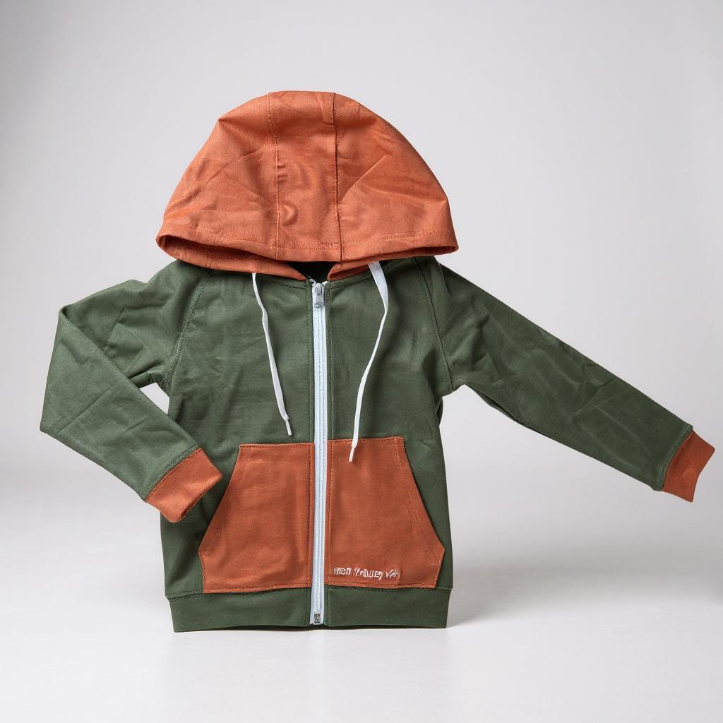 Kids green zip-up hoodie jacket with orange hood, white drawcords, front pocket