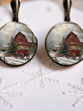 Round dangling earrings with winter farm scene in circular frames