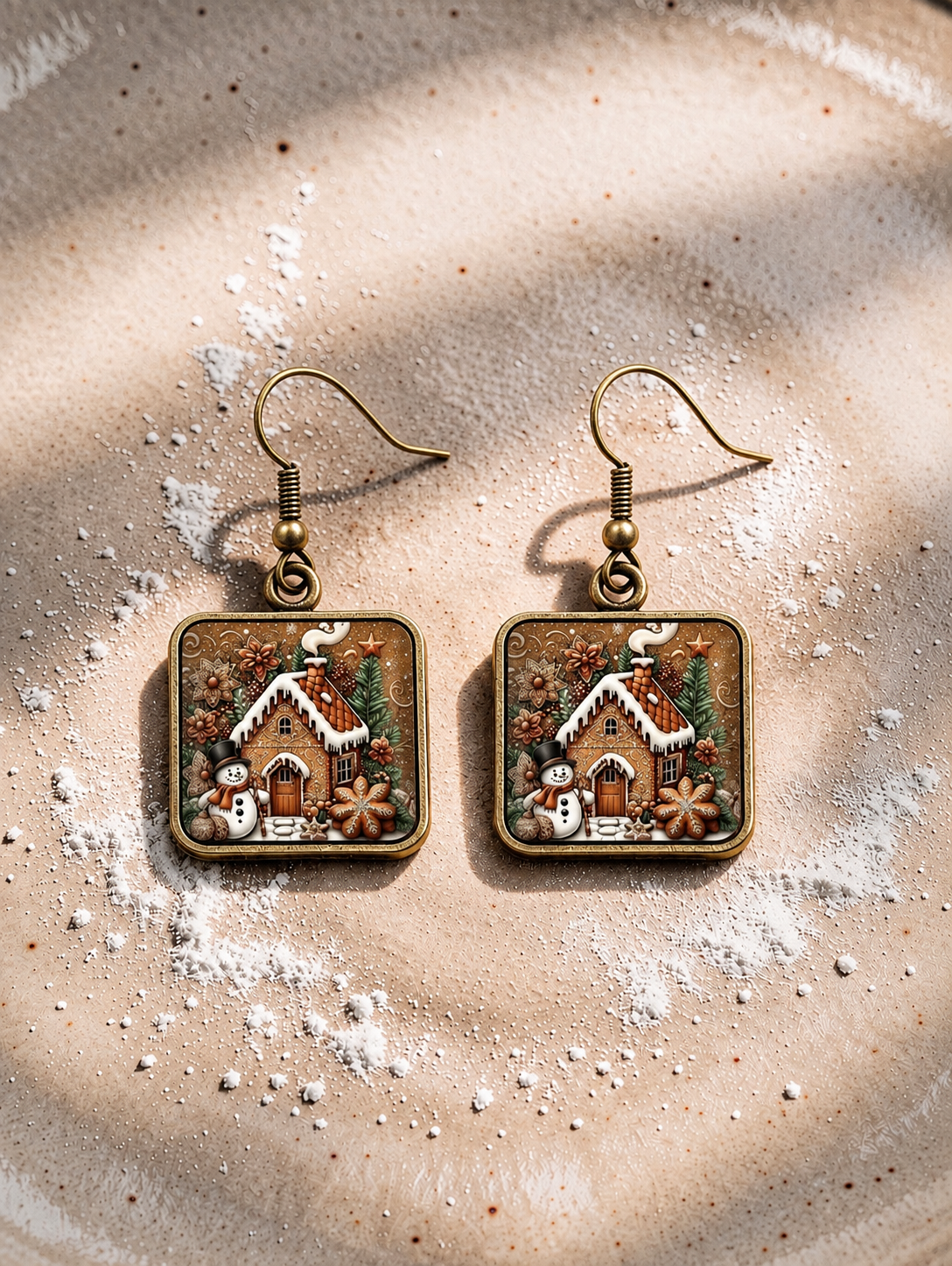 Square dangling gingerbread cottage drop earrings with house, tree, and snowman in brown