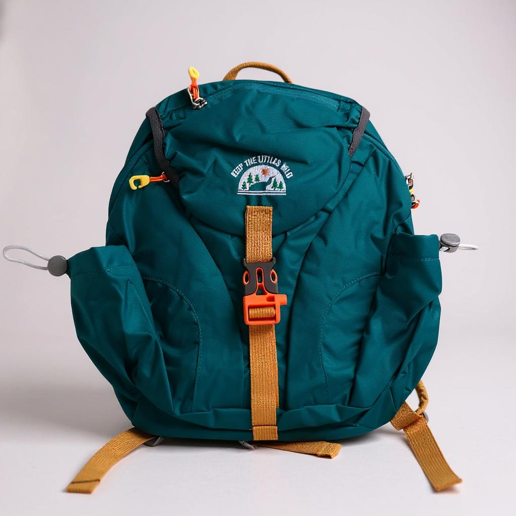 Teal toddler hiking backpack with front organizer strap and hanging loop