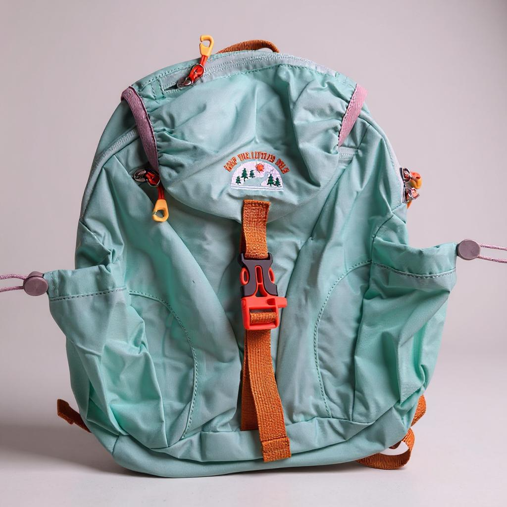 Light blue kids hiking backpack with orange straps and water-bladder attachment