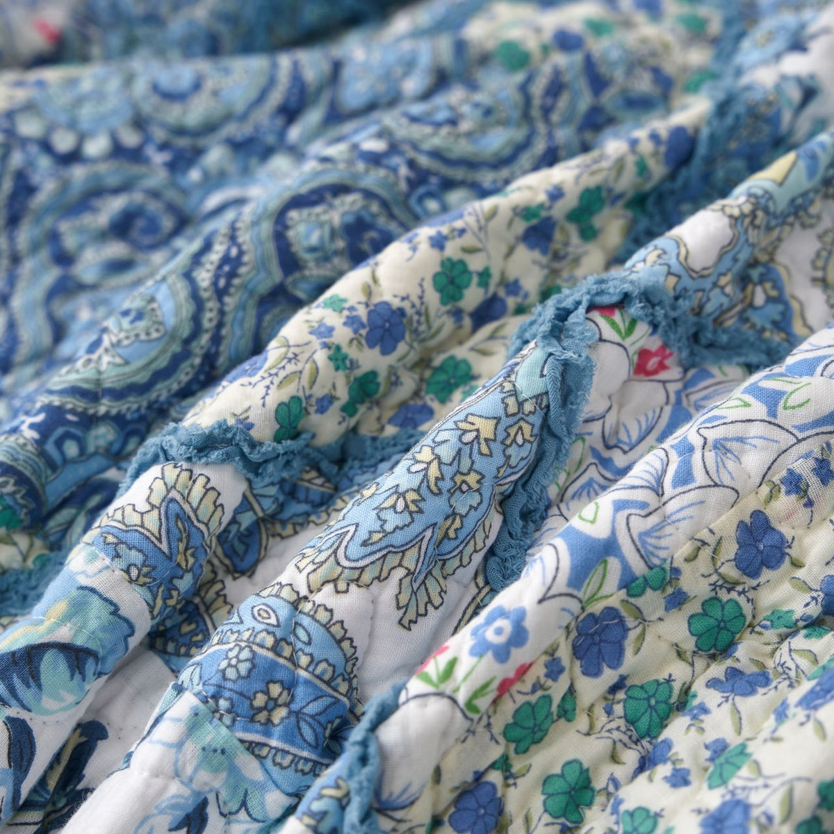 Close-up of floral quilt fabric with blue trim and stitched border details