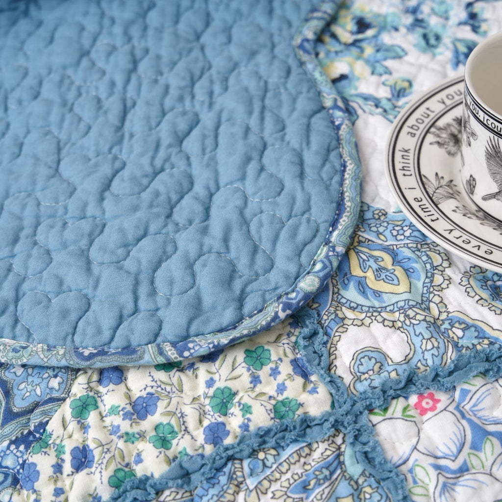 Blue quilted panel with textured stitching on edge of floral patchwork throw
