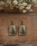 Christmas tree earrings with square glass-style charms and dangling bronze hooks