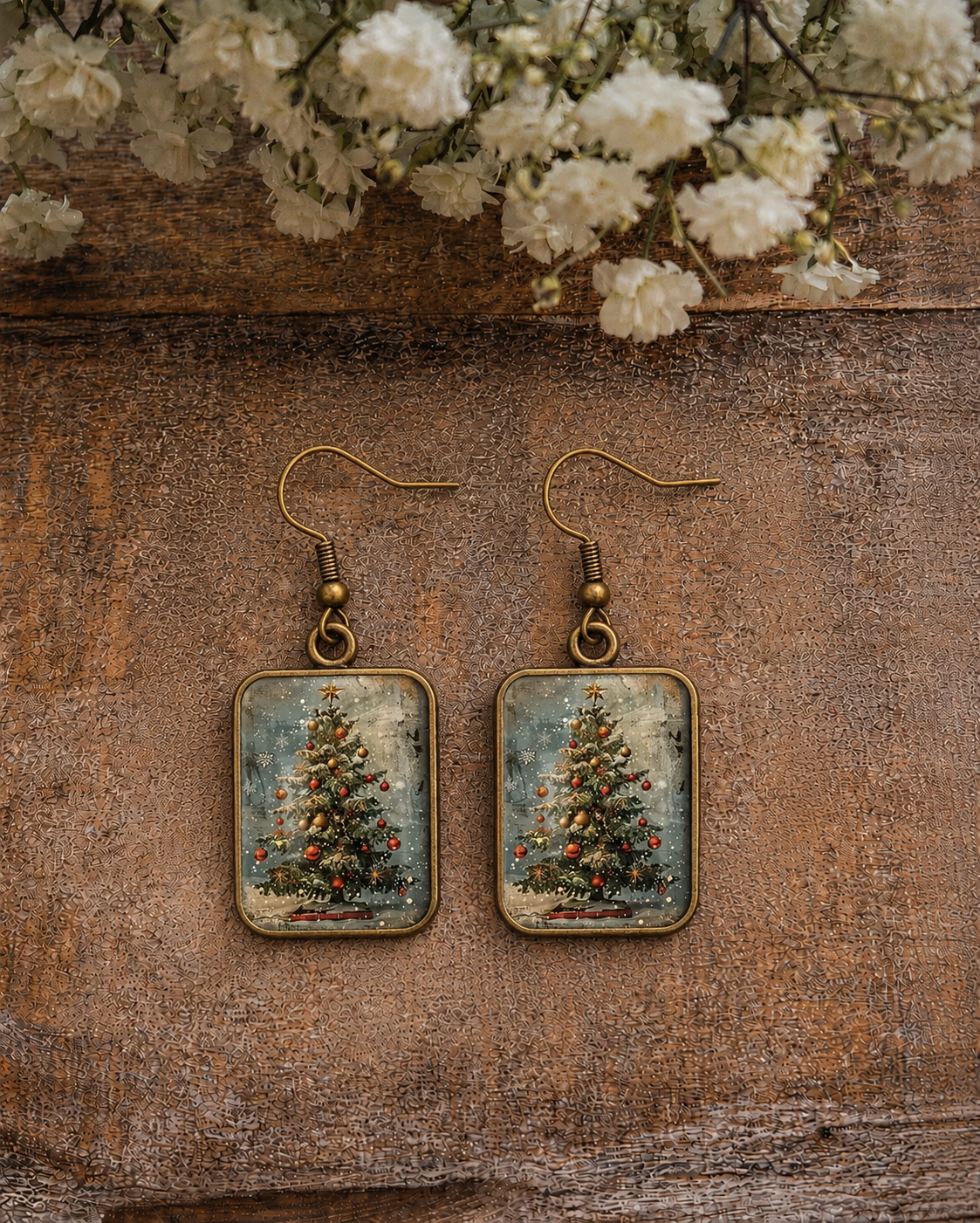 Christmas tree earrings with square glass-style charms and dangling bronze hooks