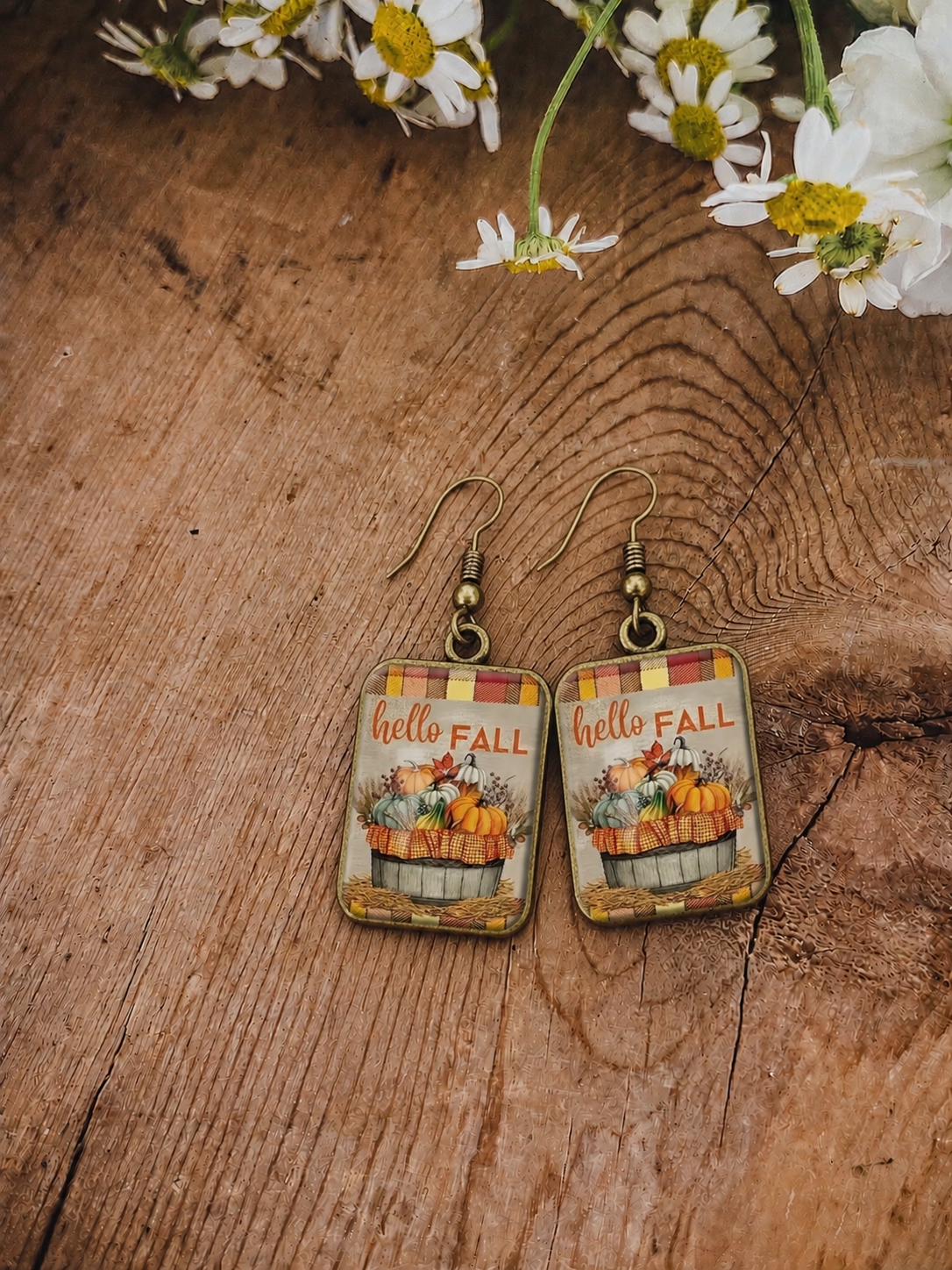 Fall-themed square drop earrings with gold-tone hooks and hello FALL pumpkin print