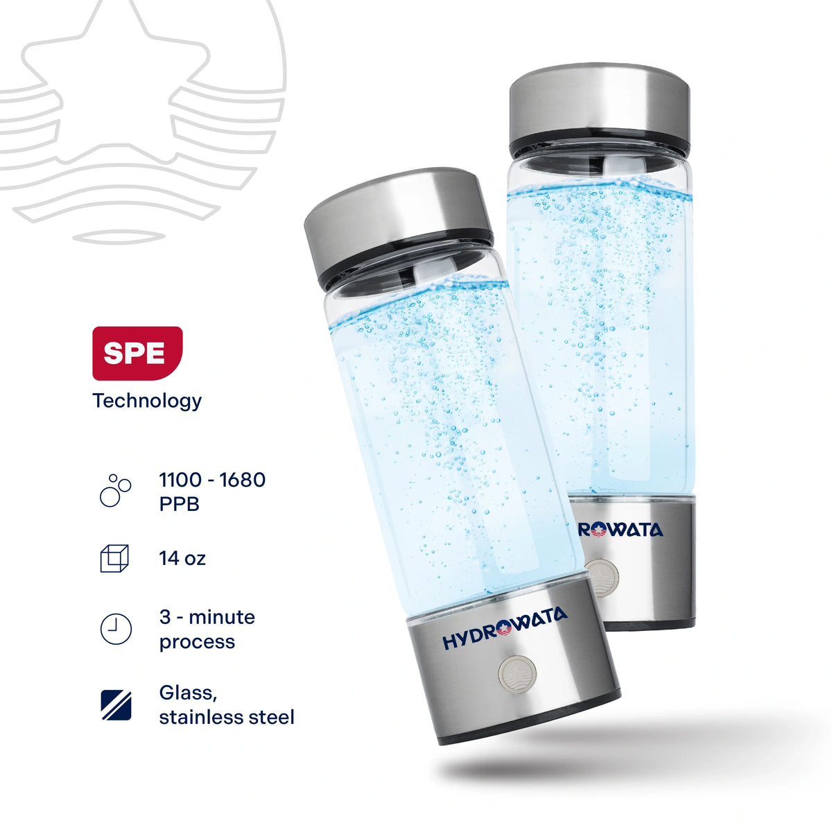 Pair of hydrogen water bottles, stainless steel with clear chamber and blue sparkling water