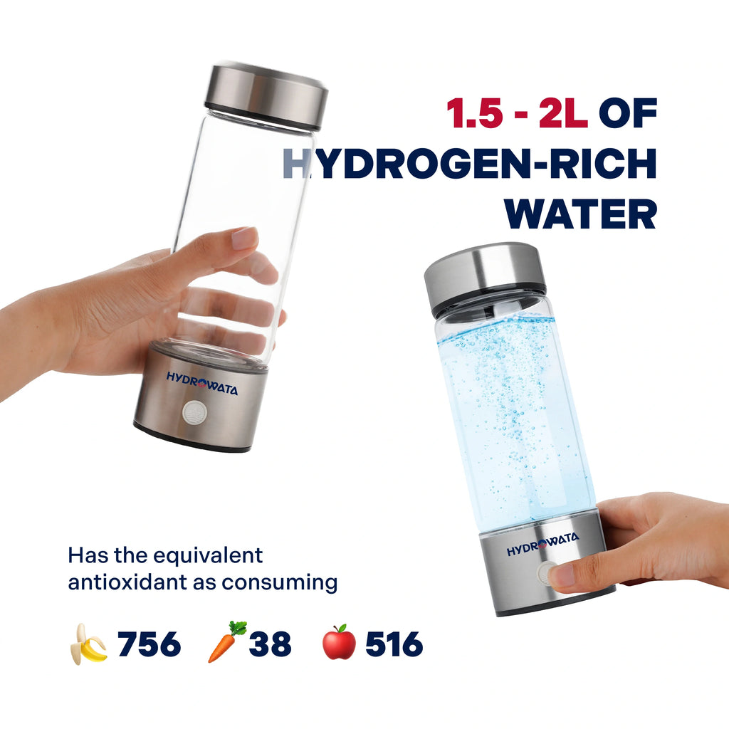 Hydrogen water bottle in hand, stainless steel with blue sparkling water chamber