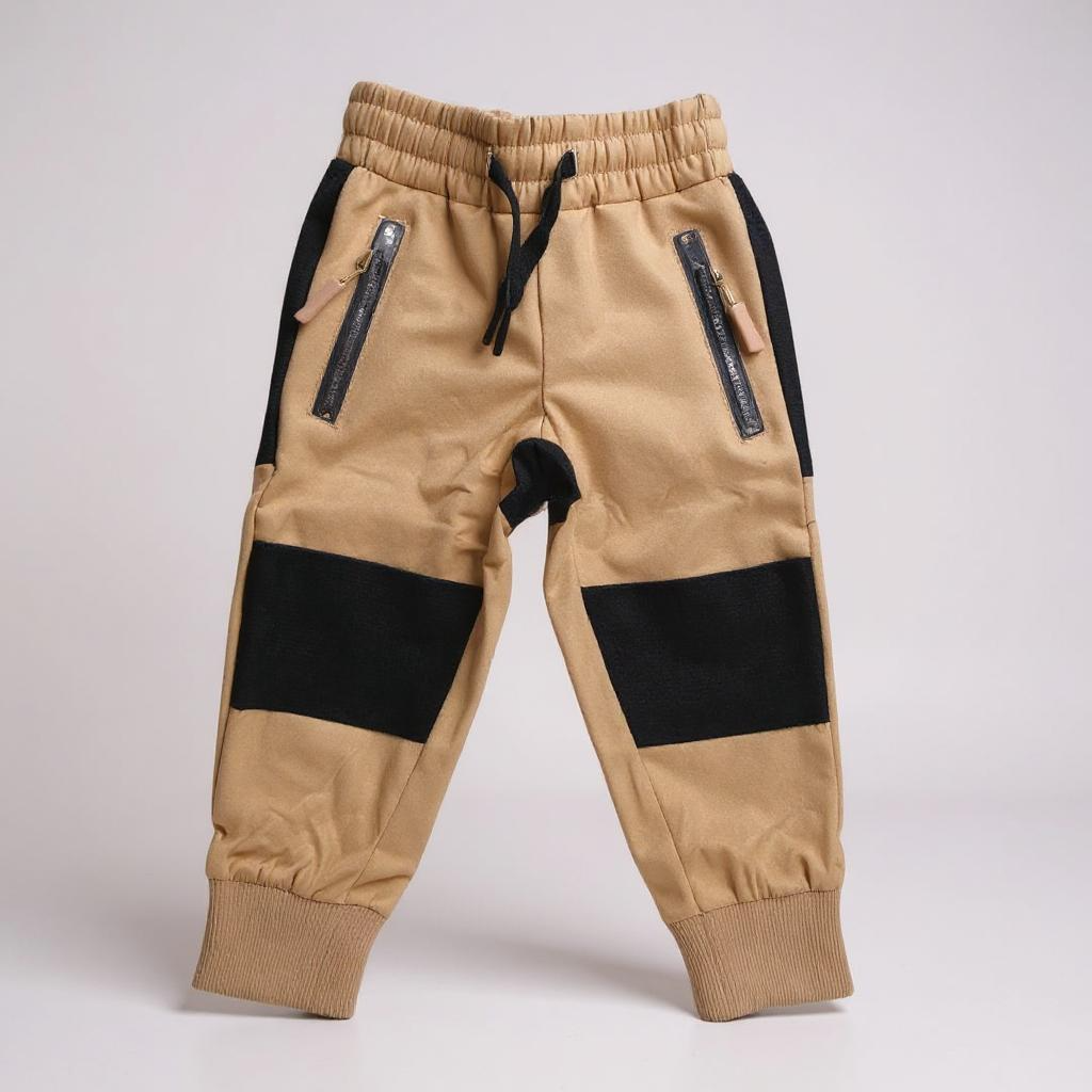 Tan hiking pants with black knee panels, elastic waist and drawstring