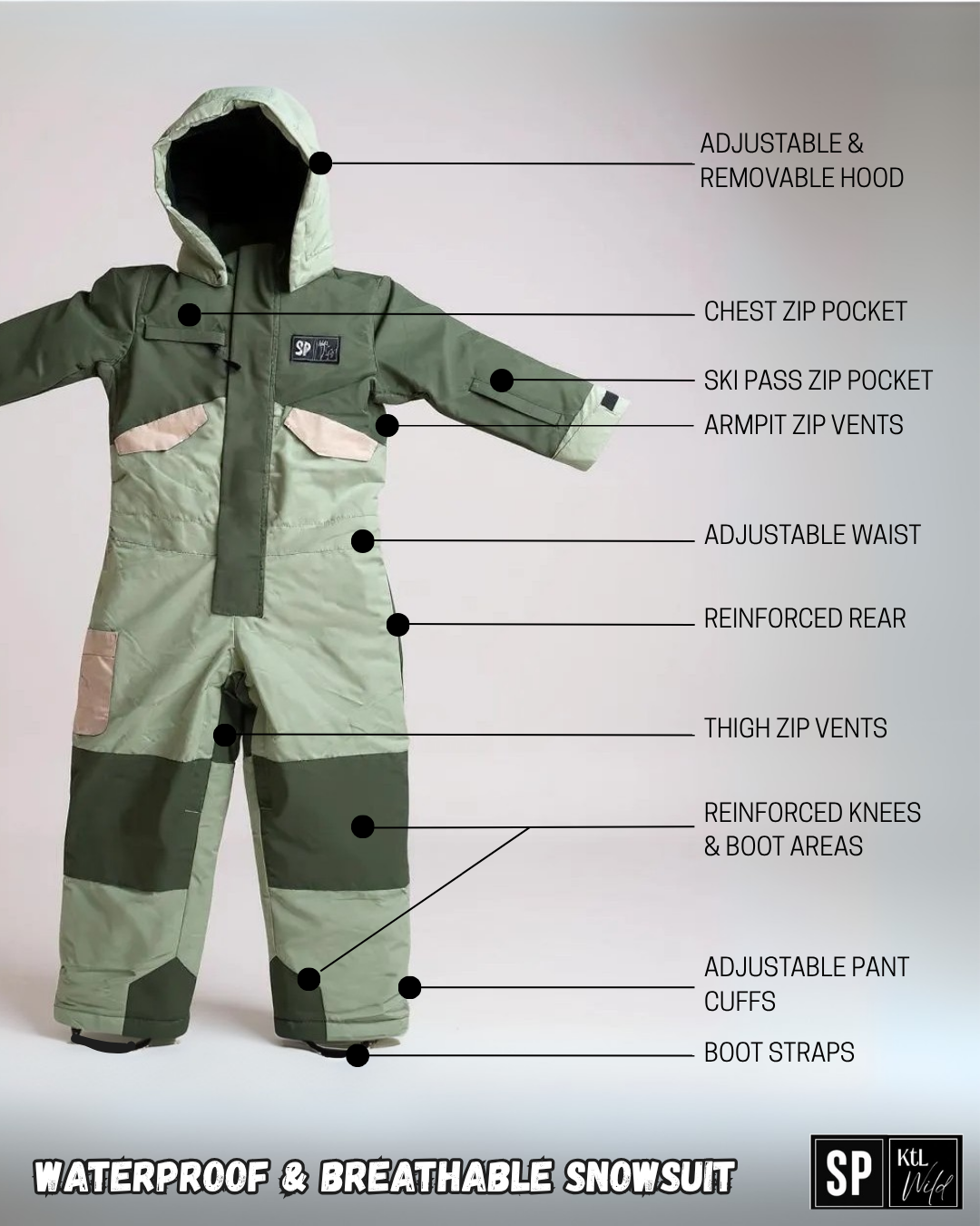 Green waterproof snowsuit flat view with hood, zip front, reinforced knees, boot straps