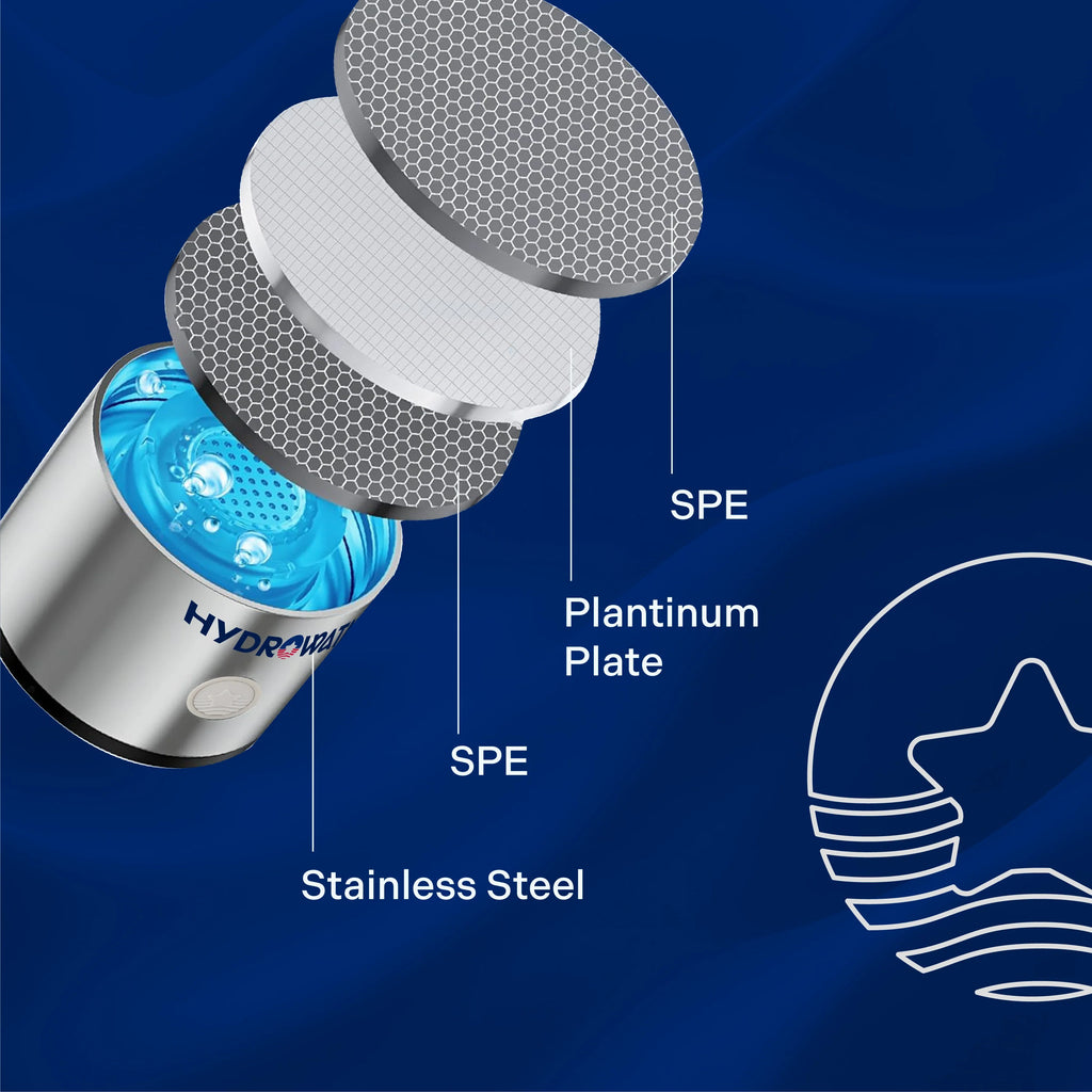 Hydrogen water bottle top showing layered internal SPE platinum plate