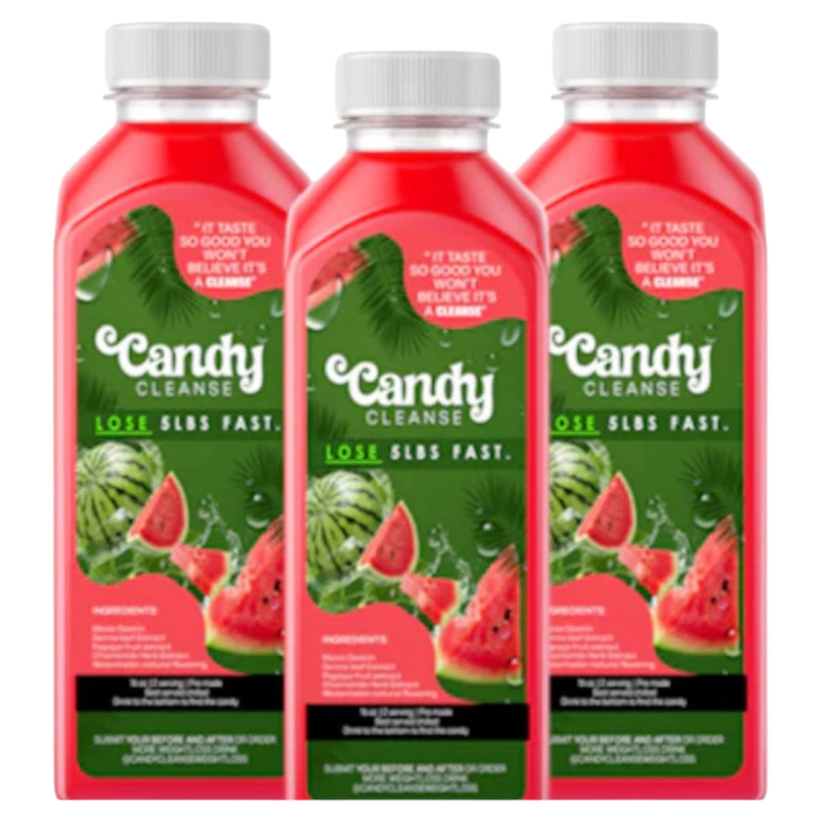 Watermelon detox drink bottles, three Candy Cleanse 6-day pre-made bottles with labels