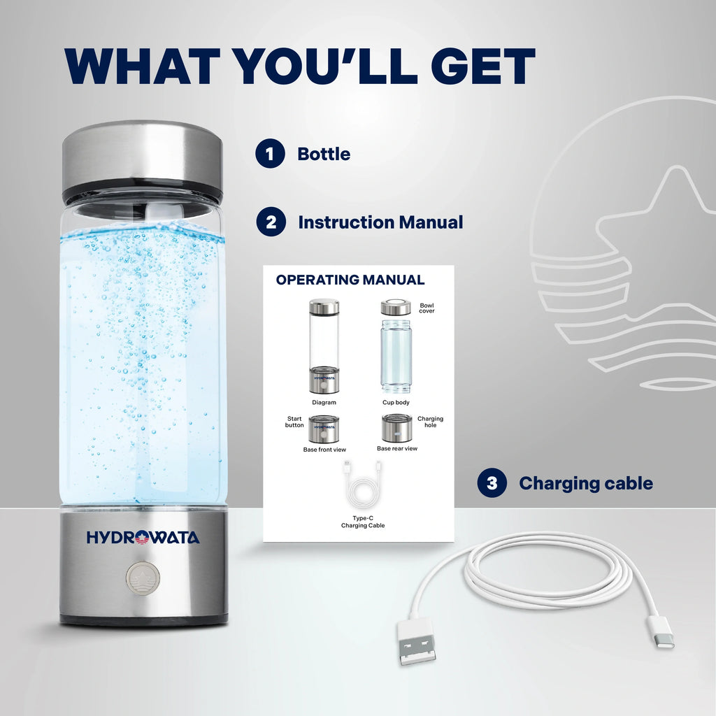 Hydrogen water bottle with instruction manual and charging cable