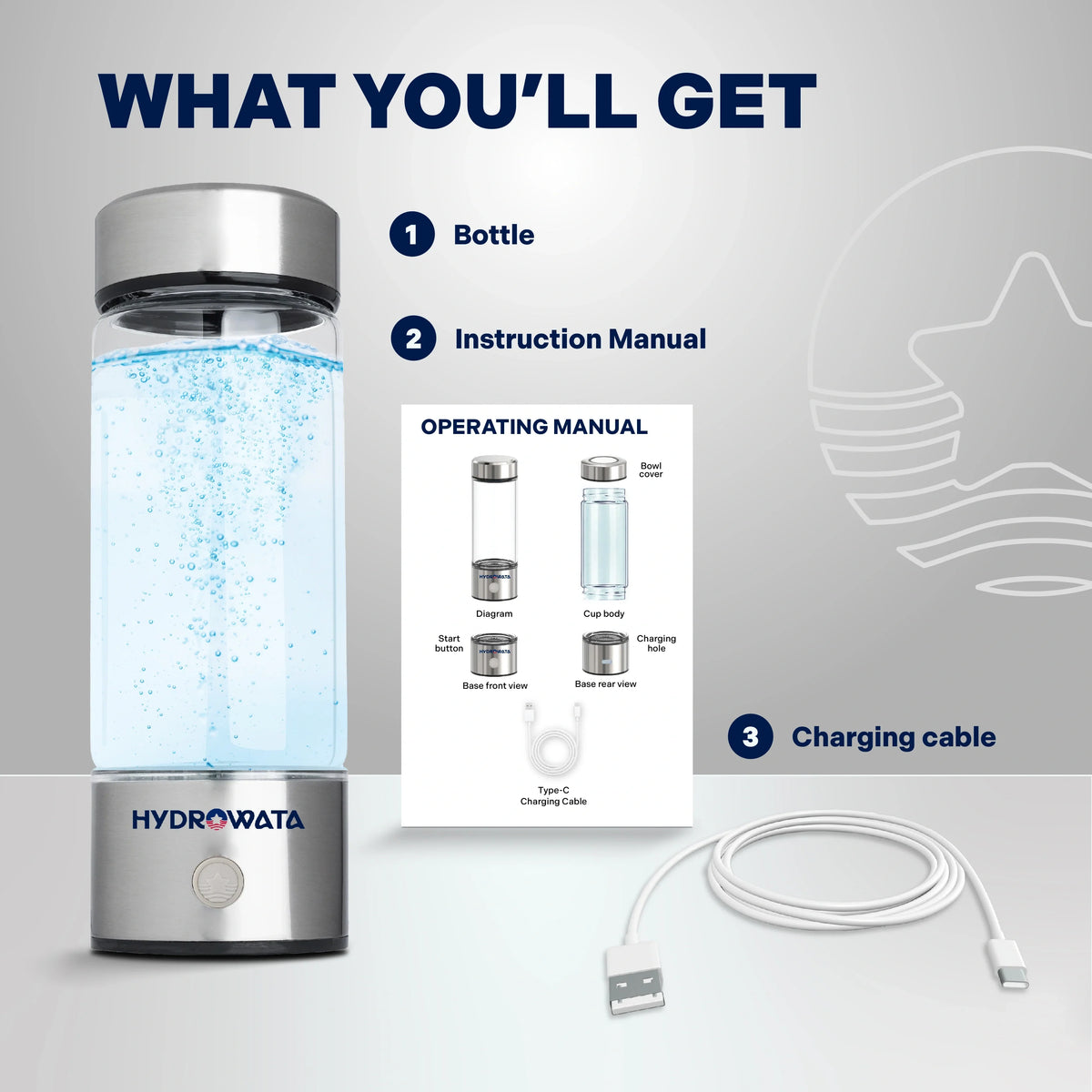 Hydrogen water bottle with instruction manual and charging cable