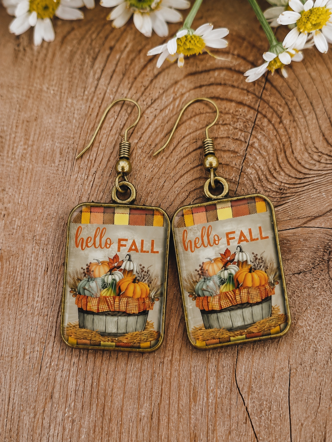 Pumpkin-themed rectangular earrings with gold-tone hooks, hello FALL front print