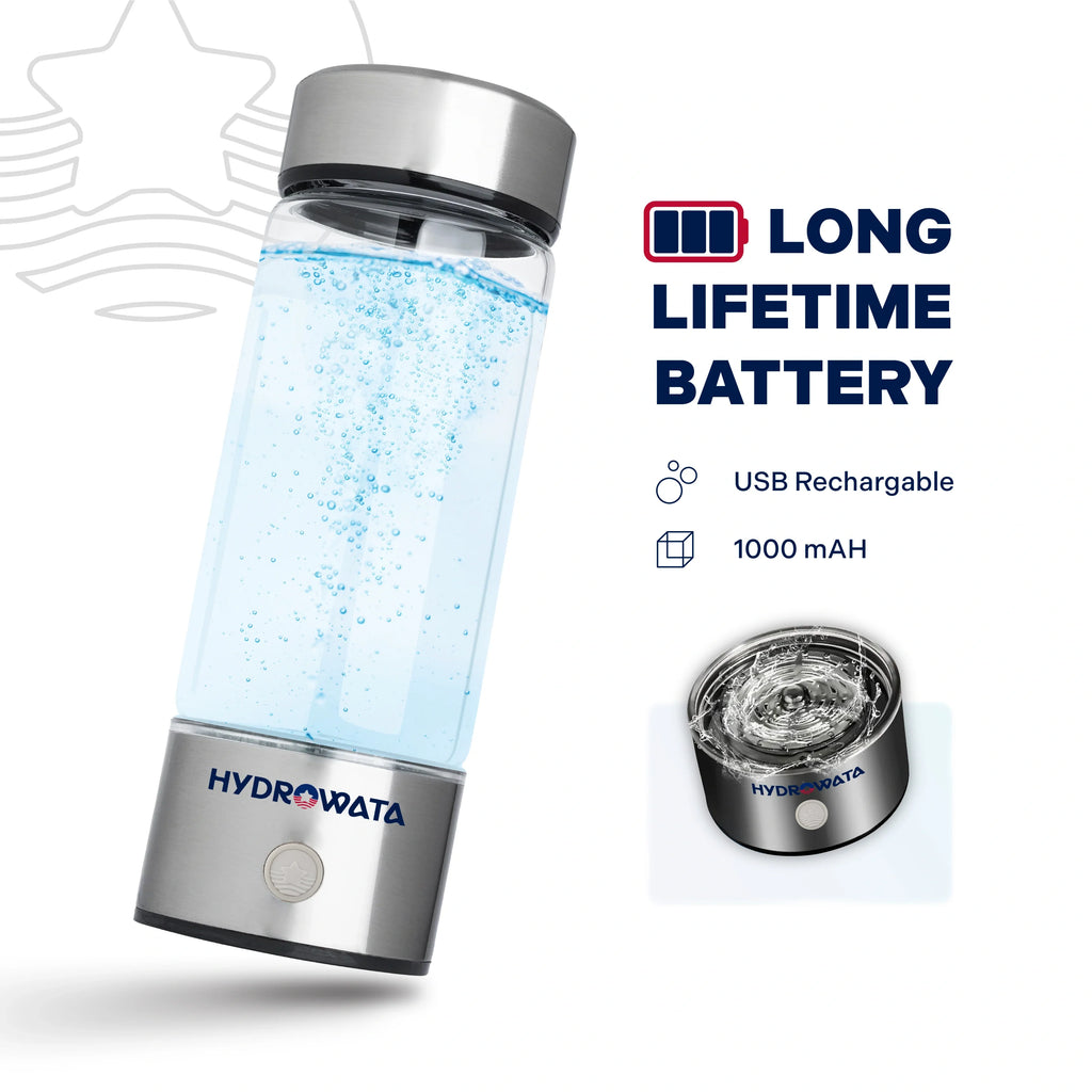Hydrogen water bottle with blue sparkling water, stainless steel body and dark lid
