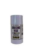 Braiding wax container, white cylindrical jar with flip-top lid and label