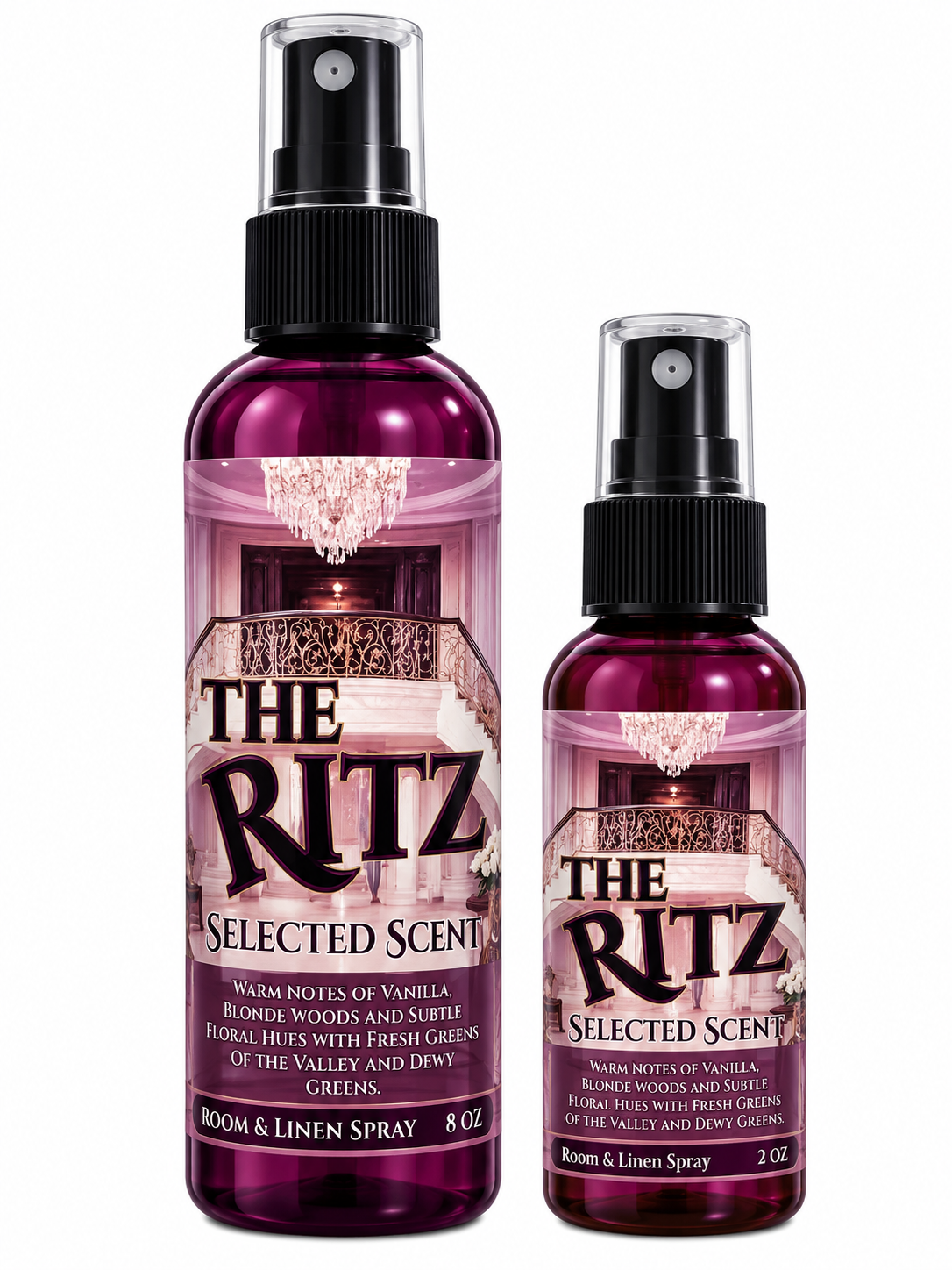 Room and linen spray bottle with burgundy bottle and silver pump, The Ritz Selected Scent