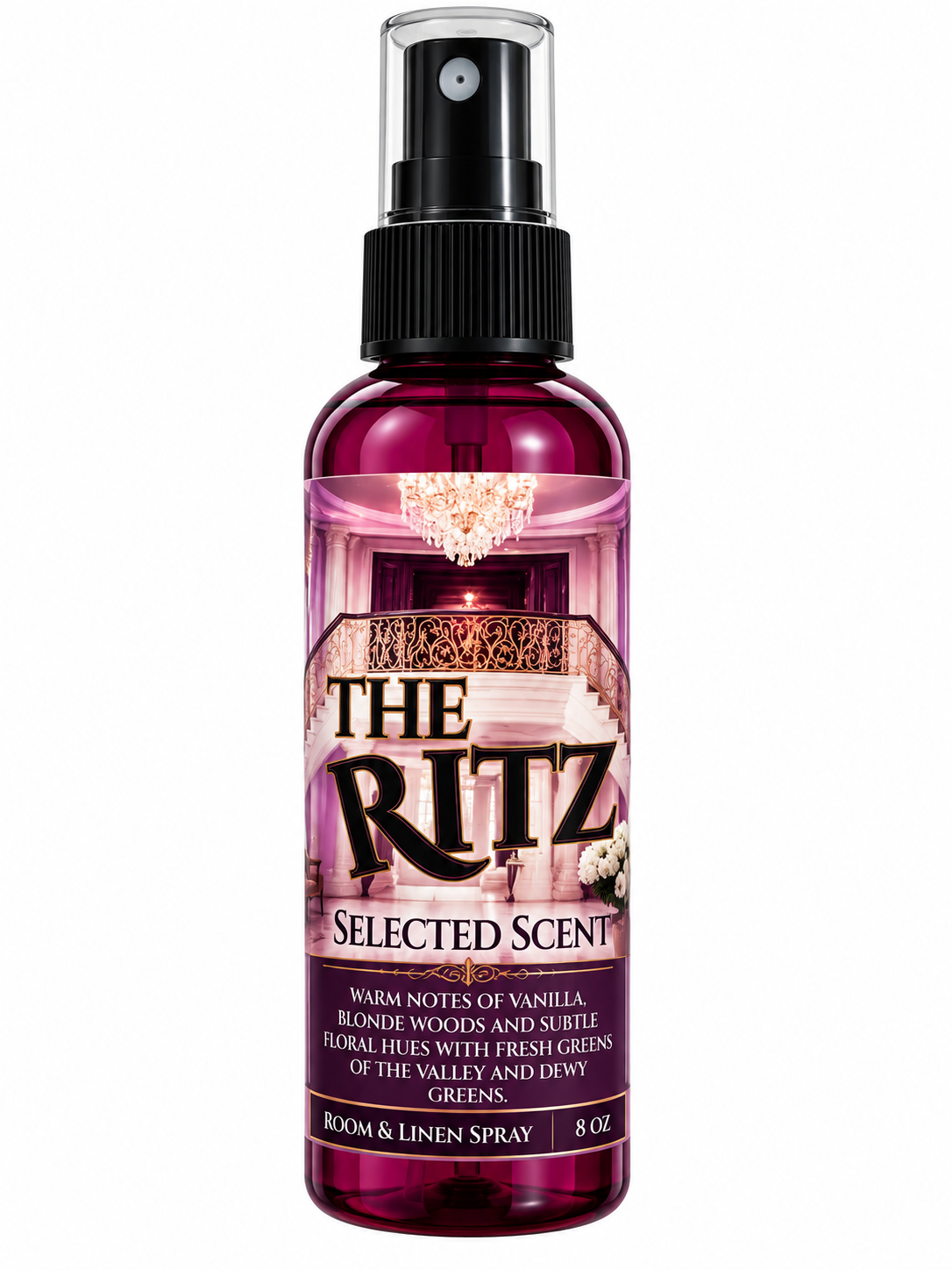 Room and linen spray bottle, deep maroon glass, silver sprayer, The Ritz Selected Scent
