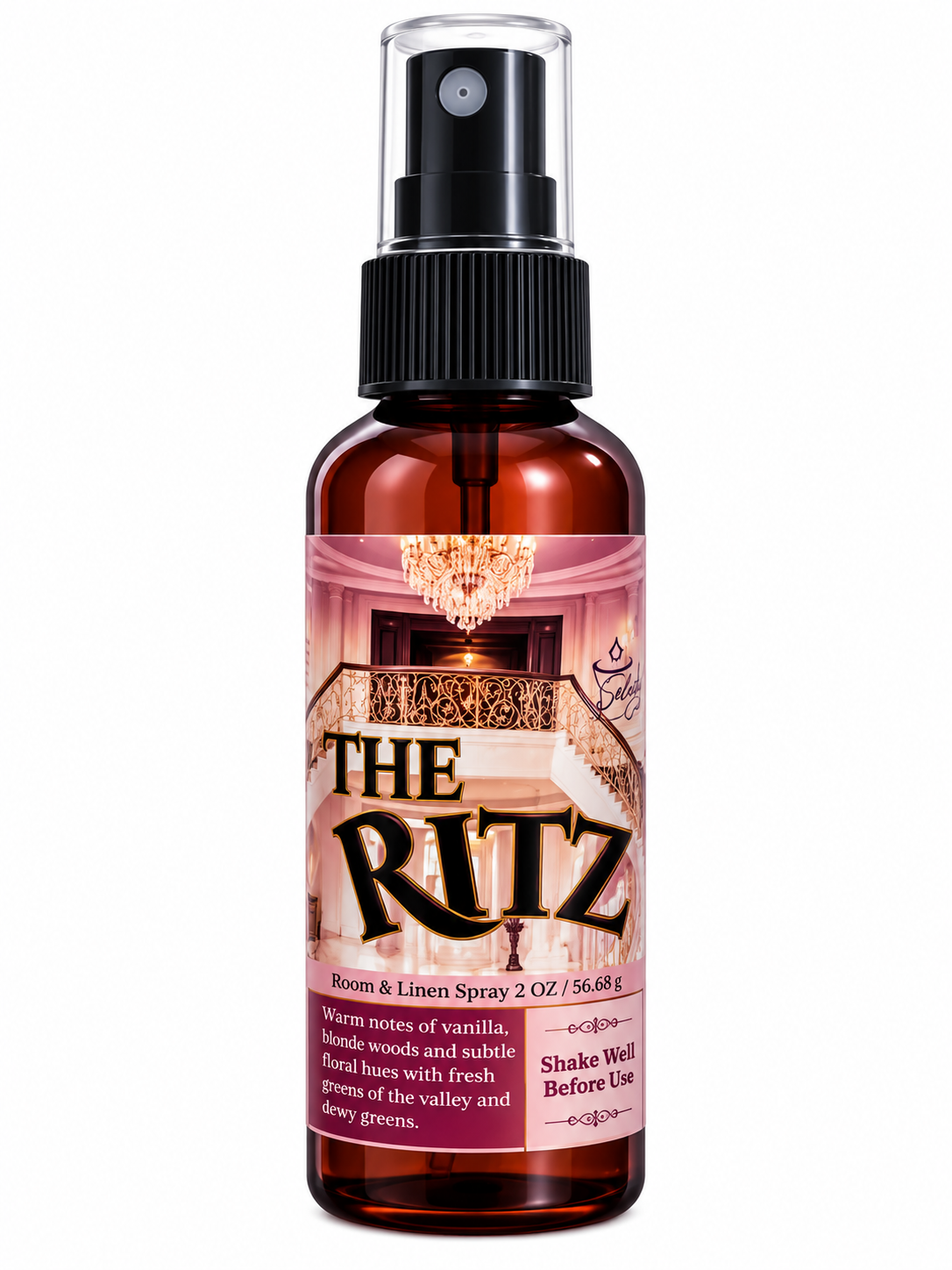 Room and linen spray bottle, amber glass, silver sprayer, The Ritz label